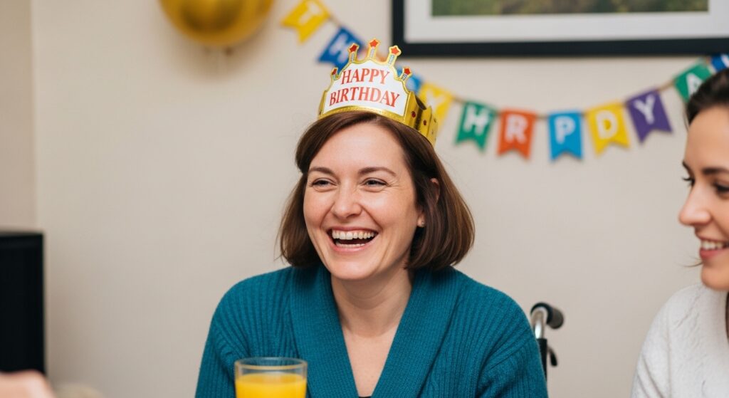 Mother wearing a birthday crown while laughing at a morning celebration