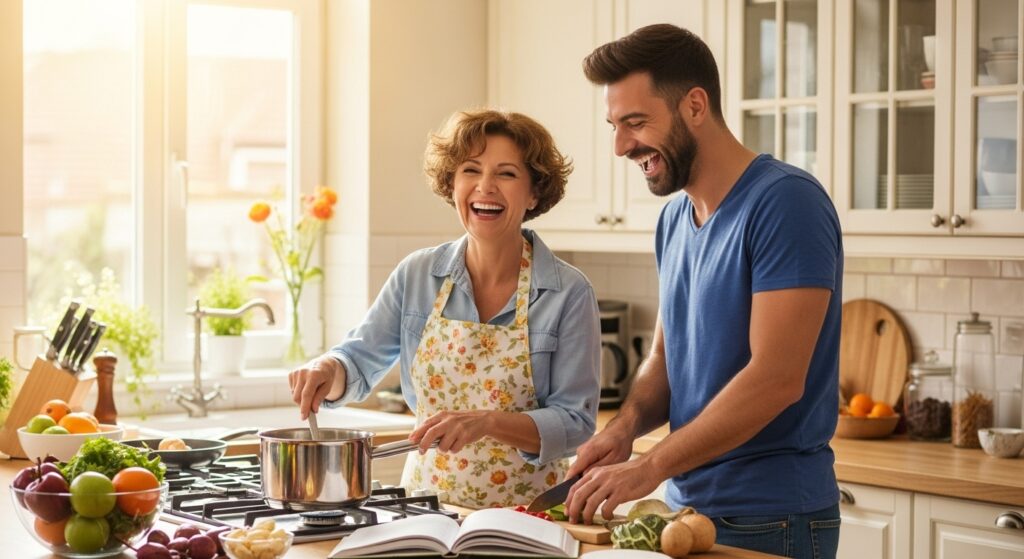 Mother and grown child enjoying time together in the kitchen on birthday