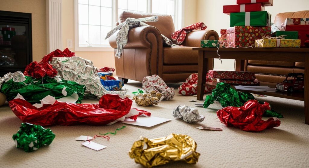 A mess created after Christmas with non-recyclable gift wrap lying on the floor.