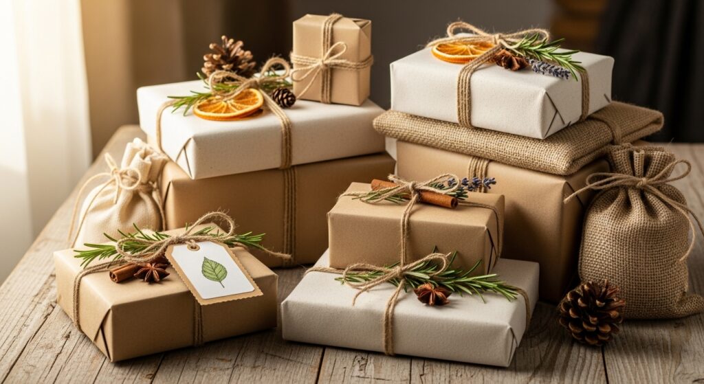  Fabric, paper, and twine as a sustainable Christmas wrapping display.