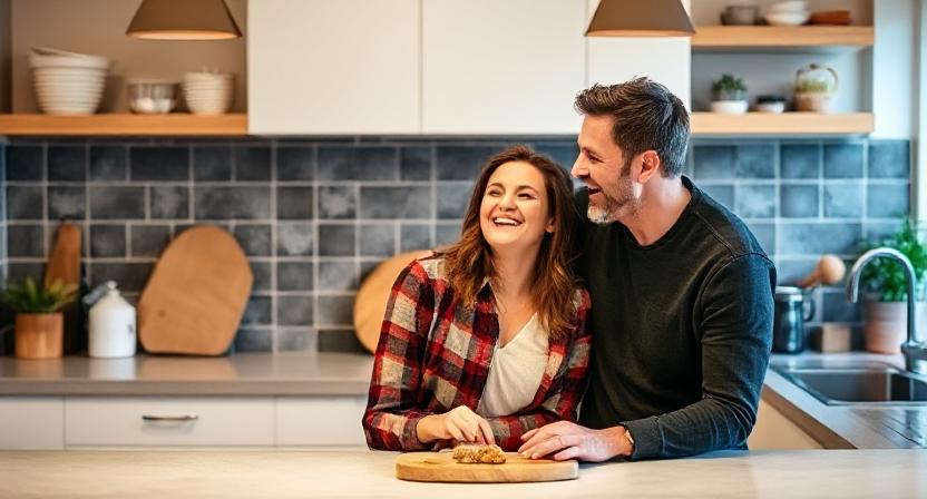 Husband and wife sharing a happy memory at home.