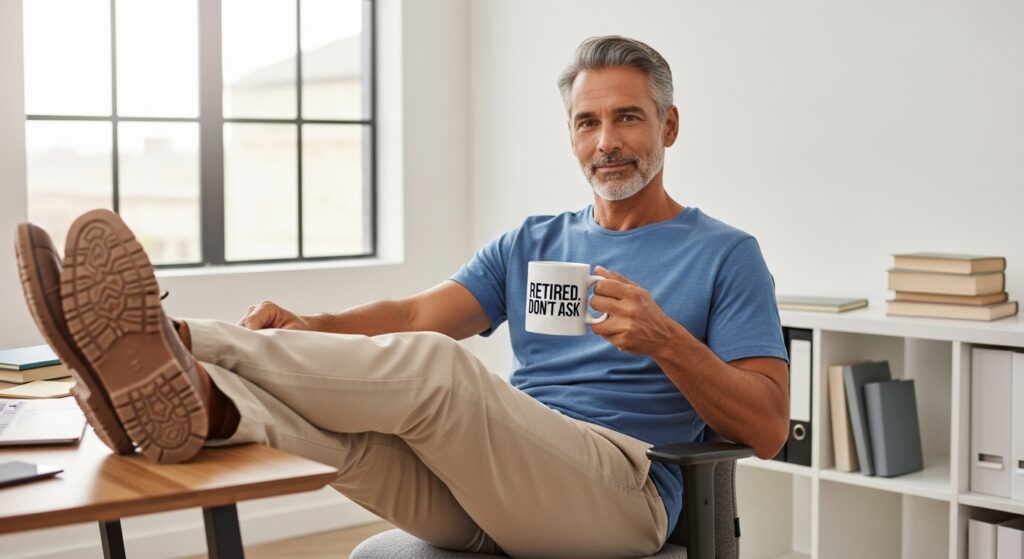  Man relaxing with retirement mug and feet on desk.