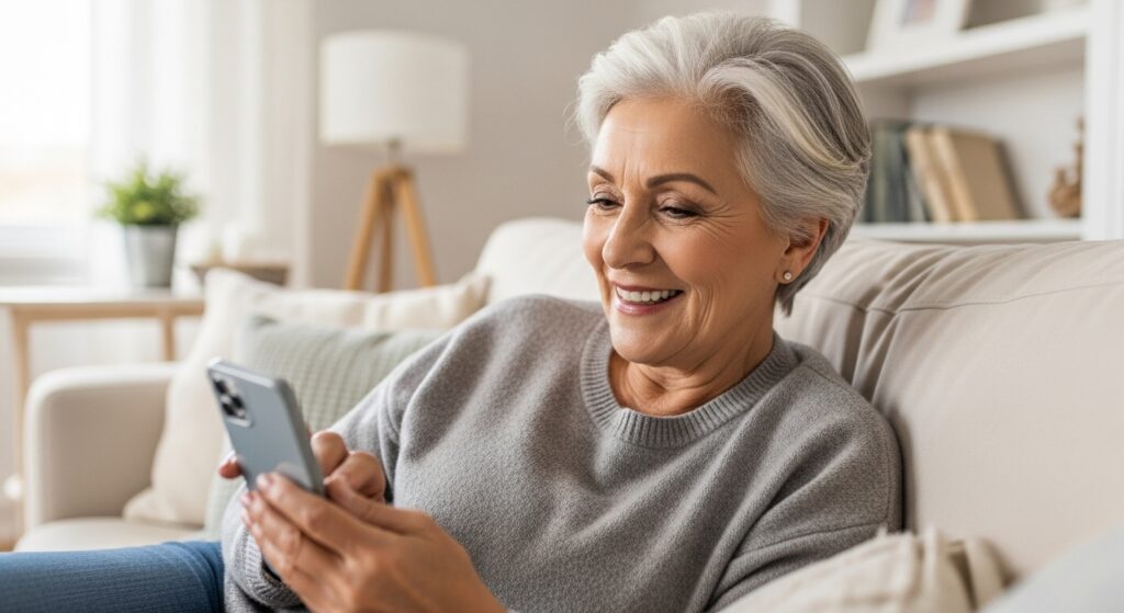 Picture illustrating a grandmother at ease sending a birthday text