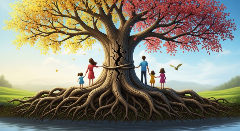 symbolic family strength tree with roots and cracks
