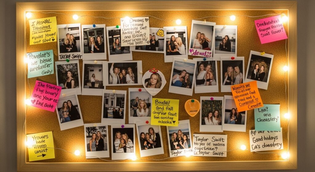 Aesthetic corkboard of underrated Taylor Swift quotes with Polaroids and handwritten notes under soft fairy light glow

