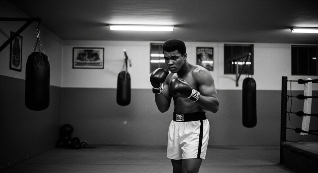 Muhammad Ali pushing through solo training before a match.