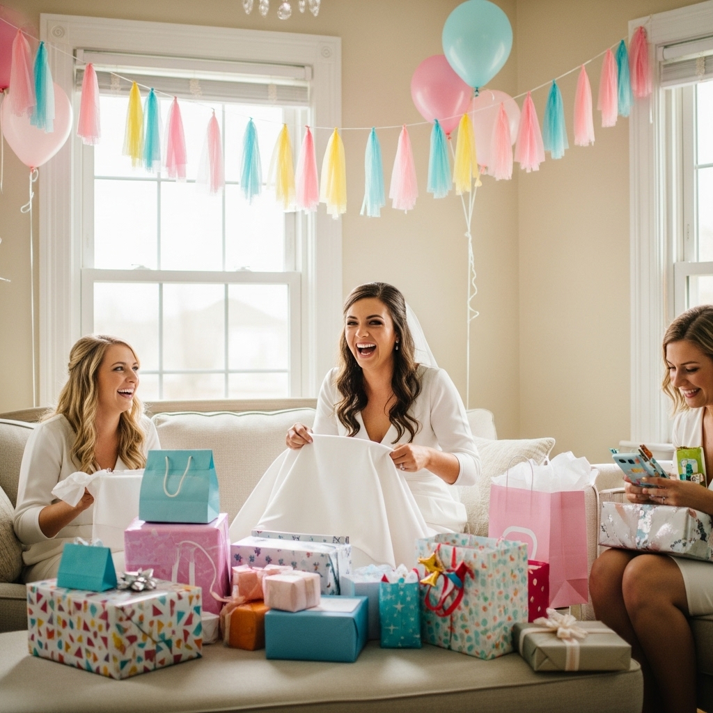 fun bridal shower gifts opened by bride who laughs