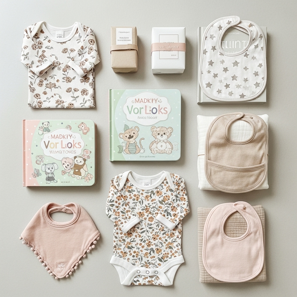 Flat lay of baby shower gifts for a girl with floral onesies, books, and neutral baby essentials in soft tones