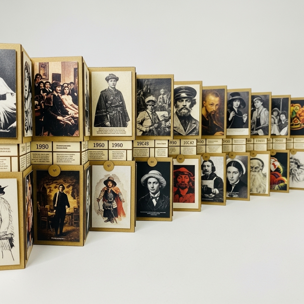 Specific pictures arranged on a fold-out craft like a timeline.