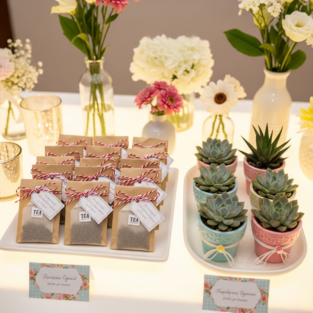 : Small return gifts like tea bags and mini succulents displayed at a party.