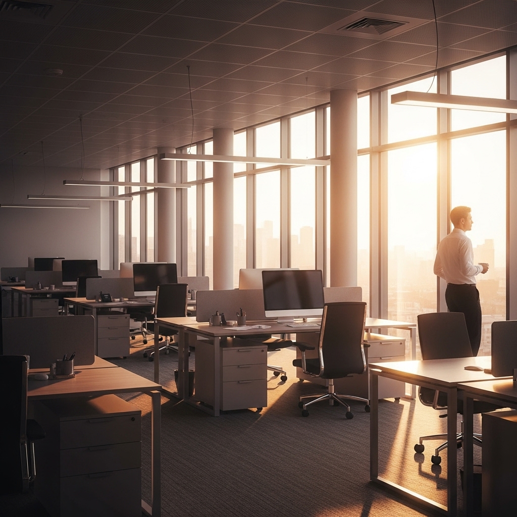 quiet early office morning with sunlight on desks