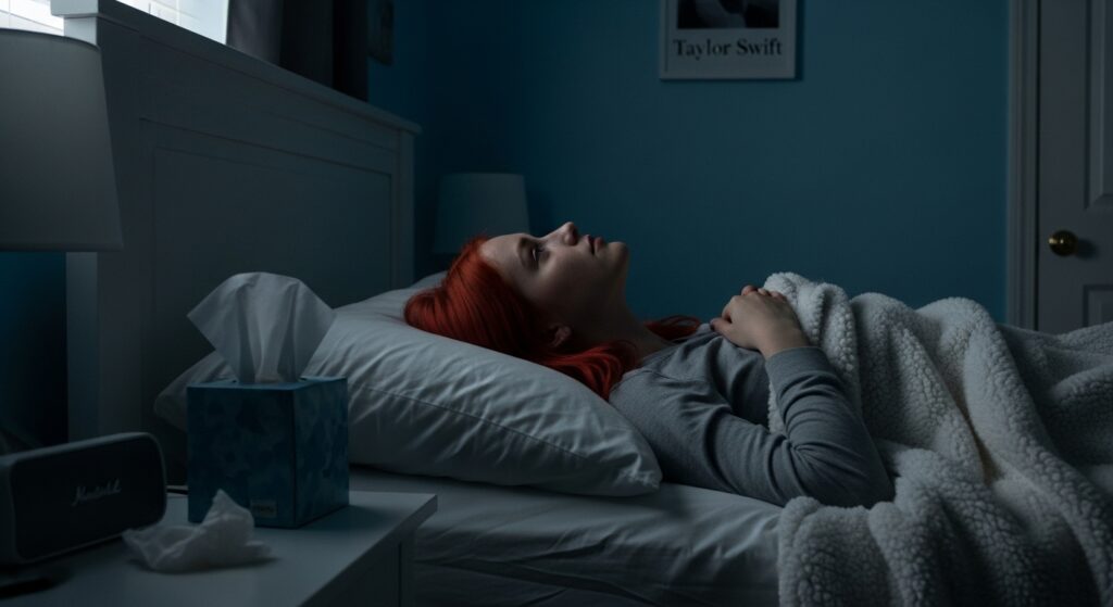Heartbreak scene with Taylor Swift lyrics playing, dim bedroom lighting, tissues, and emotional stillness

