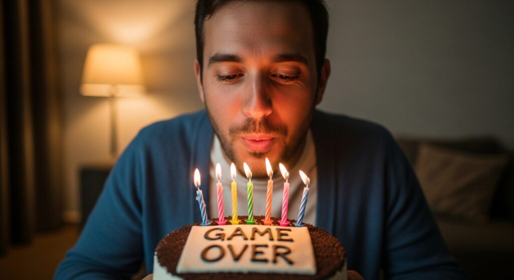  man blowing out candles on a cake that says Game Over. Alt tag Man smiling over humorous retirement cake.