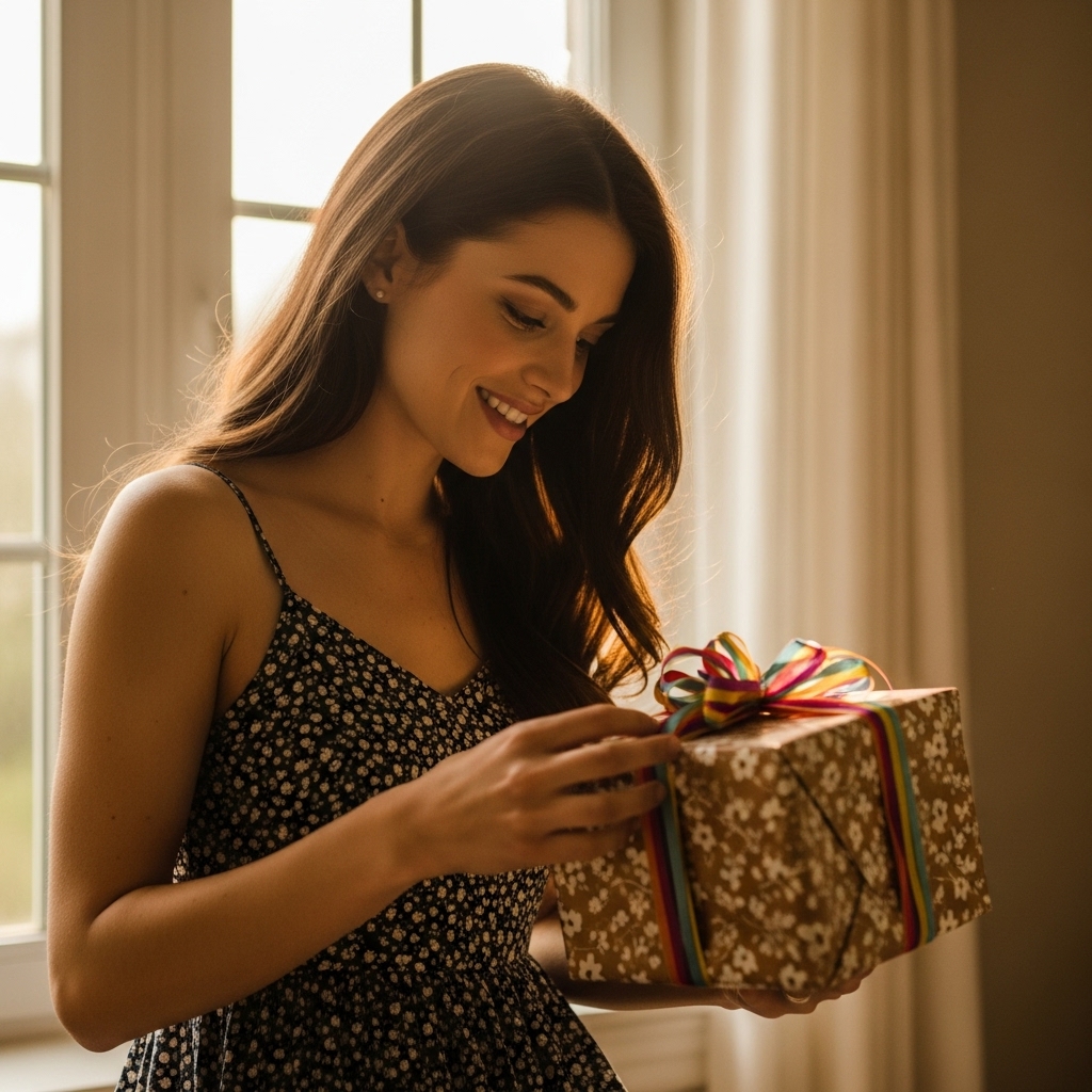 woman opening a heartfelt birthday present on her 40th birthday