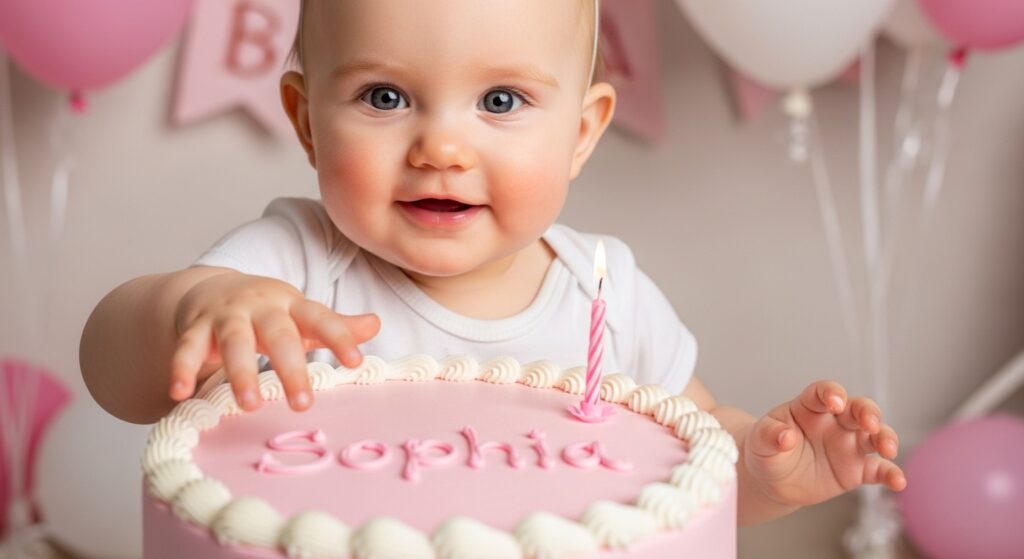 Baby girl with birthday cake name written in icing.