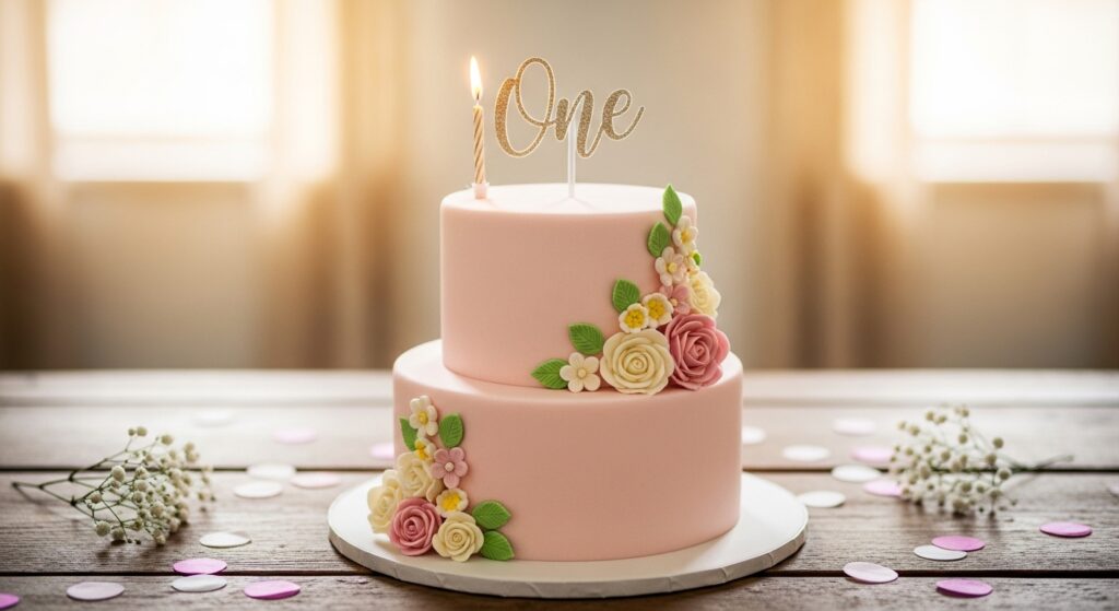 Birthday cake design for girls in pastel pink with flowers.