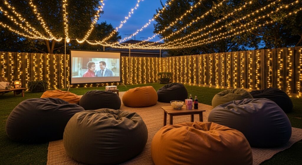 Backyard sweet 16 movie night setup with lights and blankets.