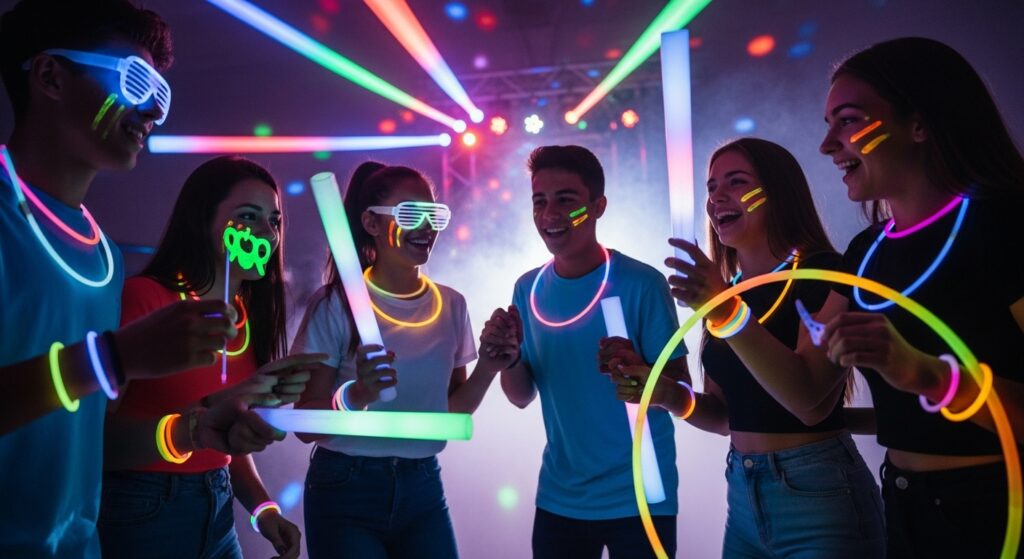 Teenagers dancing under black lights with glow sticks at a sweet 16.