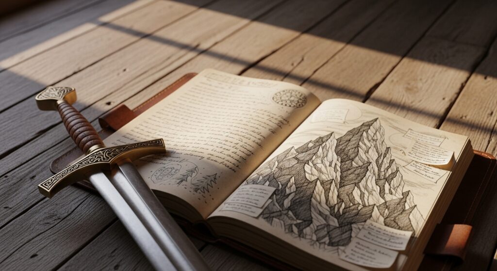 "Musashi-inspired journal beside a katana"