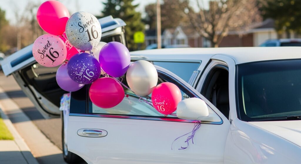 Sweet 16 birthday limousine decorated with balloons.
