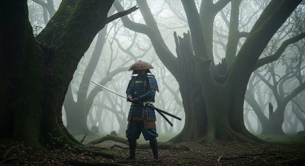 Samurai gearing up for fight in foggy forest"