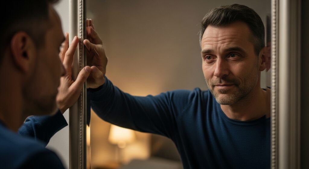  Man observing himself in the mirror with a sense of self-reflection and vulnerability