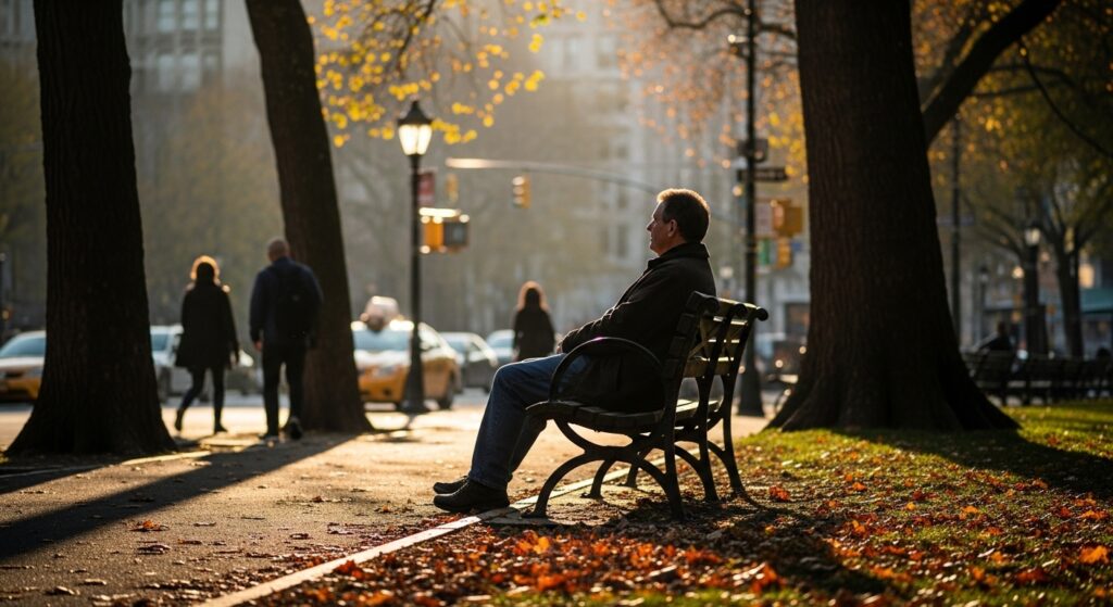 Man contemplating life while sitting on a park bench