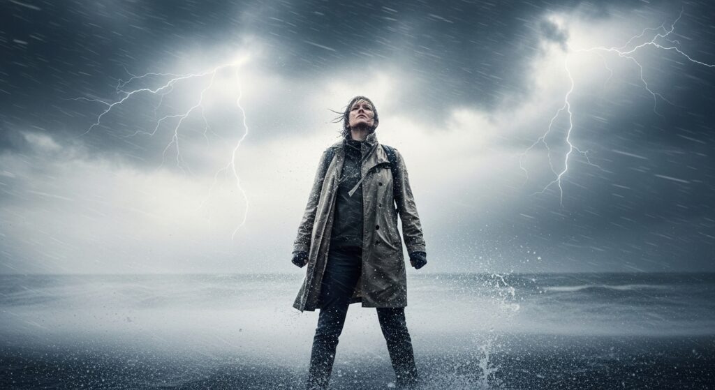 A person standing strong in the midst of a storm, symbolizing courage in the face of adversity.