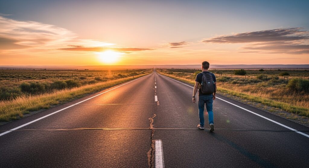 A person walking down a clear road which is a metaphor of life’s journey and hardships.