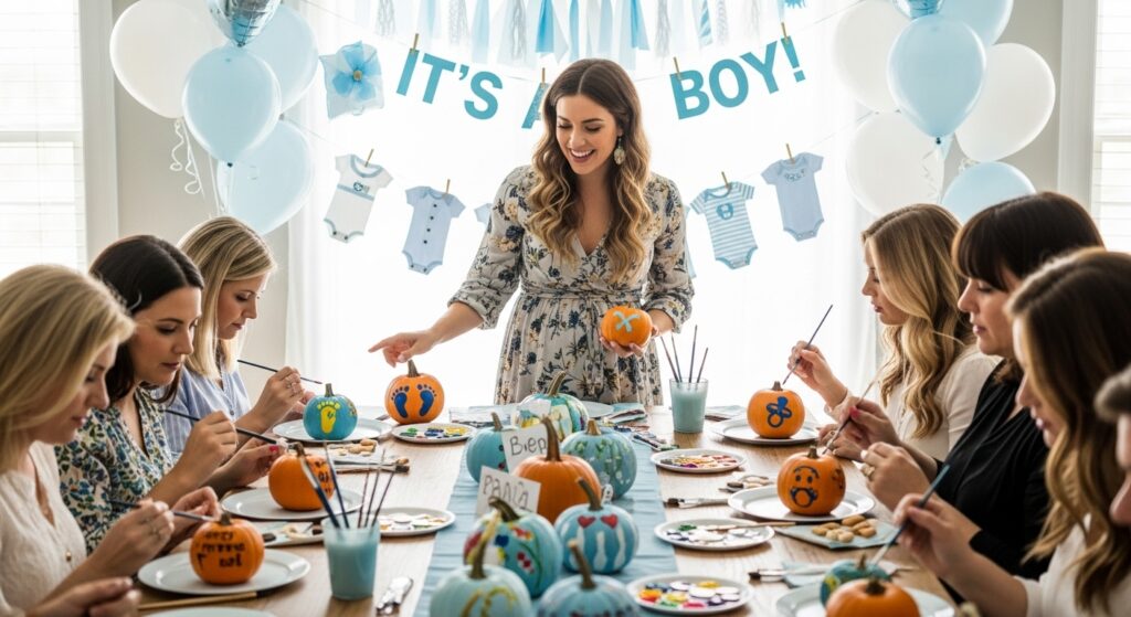 Alt tag: "Guests painting mini pumpkins at halloween baby shower game")