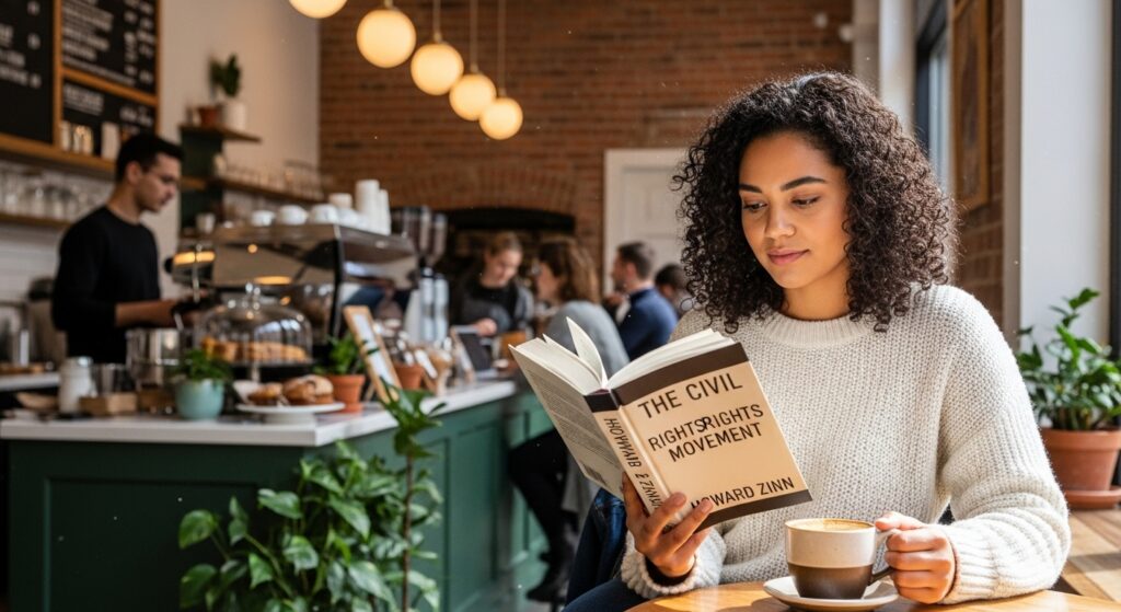 A young woman reading a civil rights book in a coffee shop