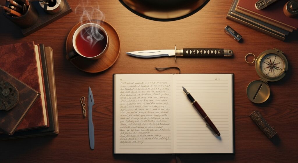 An overhead shot of a desk with a cup of tea, a katana letter opener, open notebook with handwritten lines.