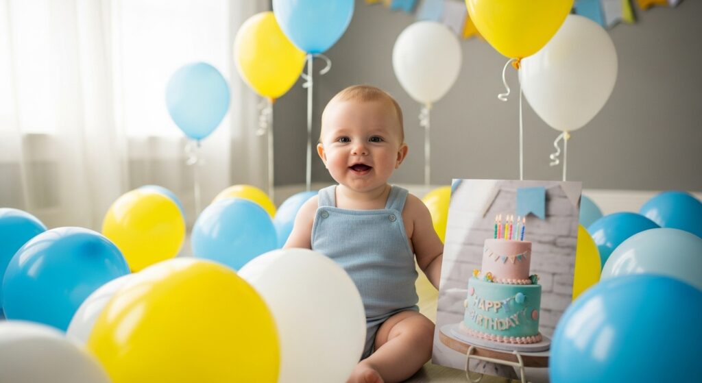 Baby girl birthday photo with cake and balloons