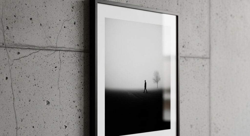 Textured black and white wall art on gray background