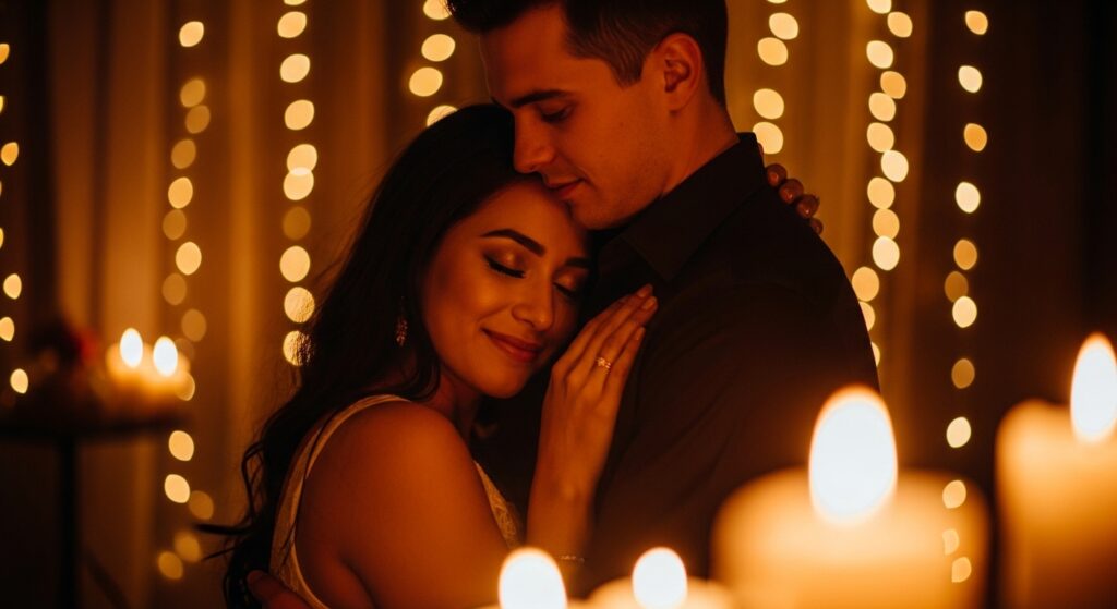 Couple being cuddled by one another, wedding first dance, soft lights and romantic atmosphere surrounding.

