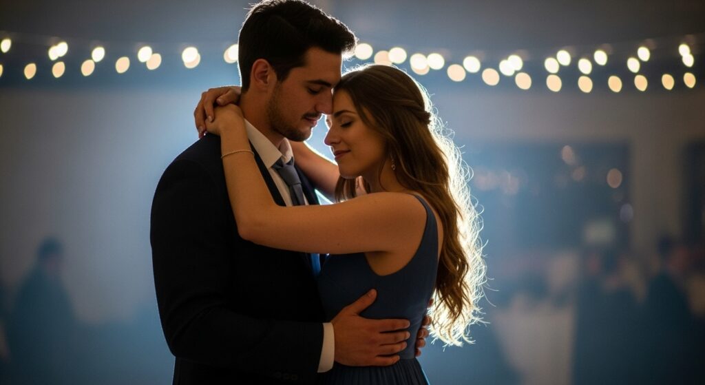  Romantic first dance at wedding under soft lighting with the bride and groom sharing a quiet moment.