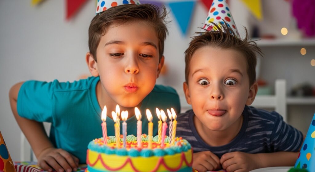 "younger brother photobombing elder brother's cake moment")