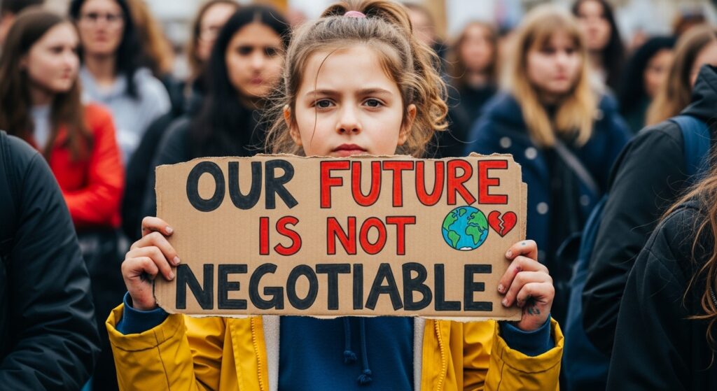 Girl holding a handmade protest sign in a crowd