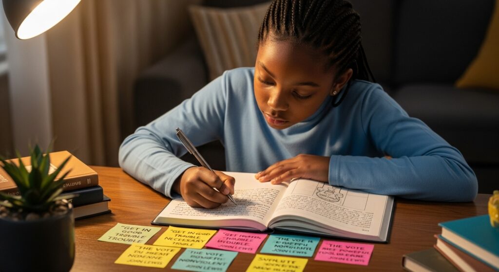 Woman journaling with inspirational John Lewis quotes nearby