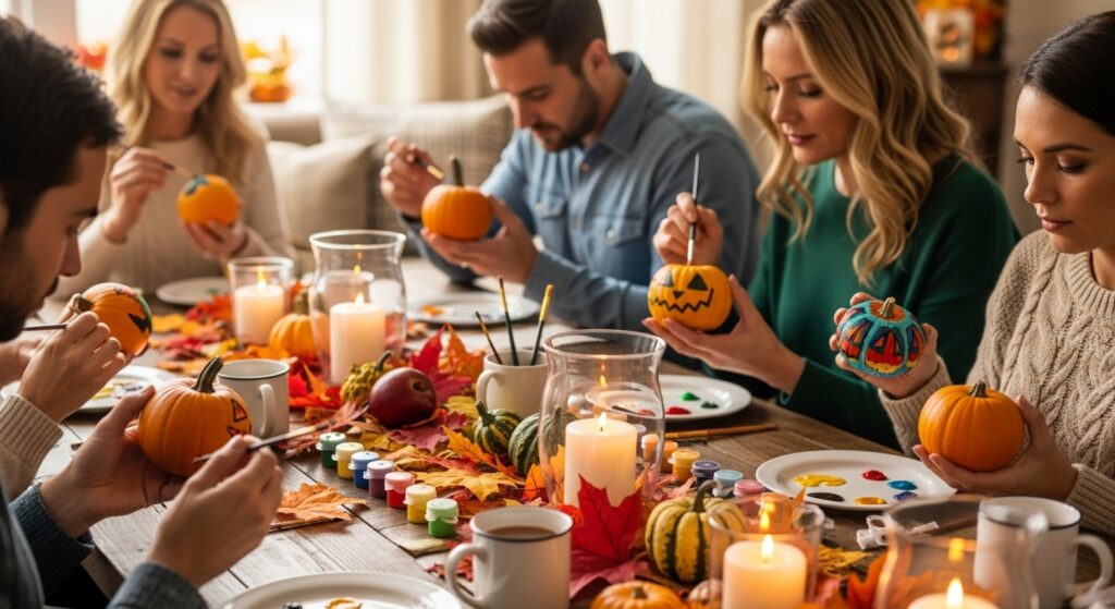 Guests painting mini pumpkins at a decorated table with autumn leaves