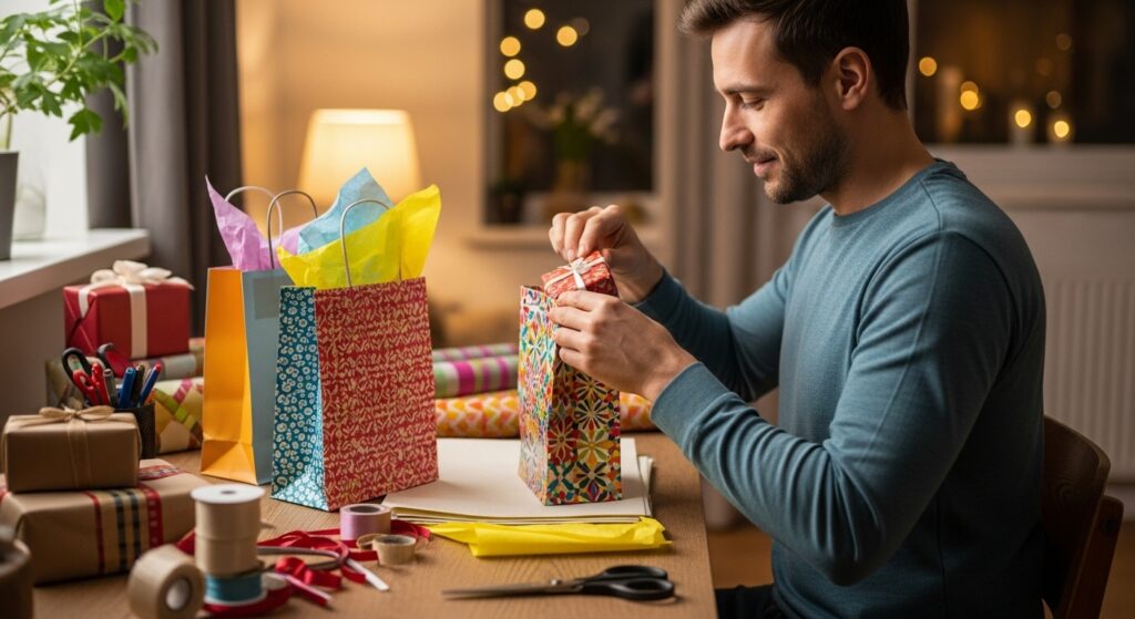 Man wrapping birthday return gifts in paper bags."