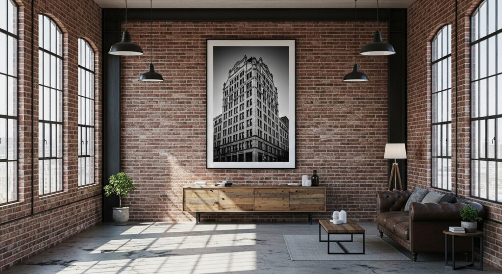 Black and white print of building in an urban loft