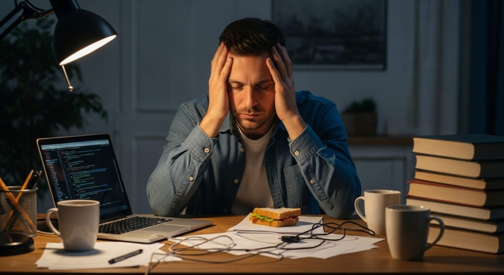 Exhausted man at desk surrounded by life clutter