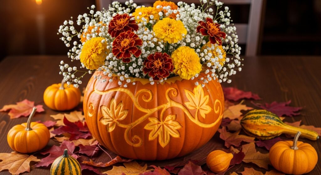Table centerpiece with a carved pumpkin used as a vase for baby’s breath and marigolds