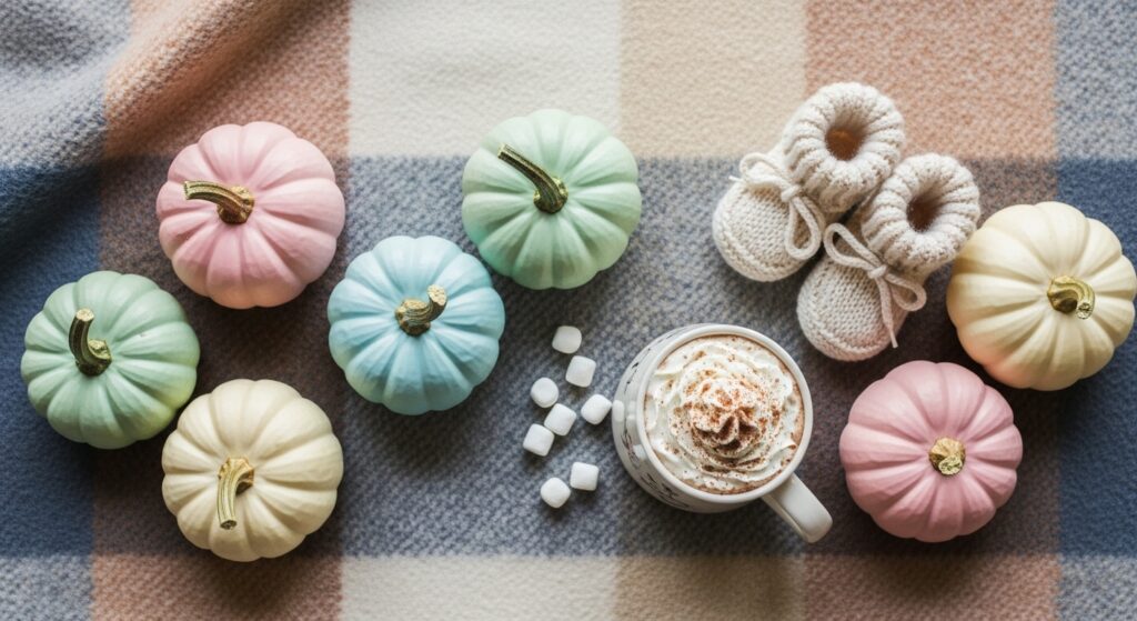 Flat lay of pastel pumpkins, baby booties, and a cup of hot cocoa on a plaid blanket