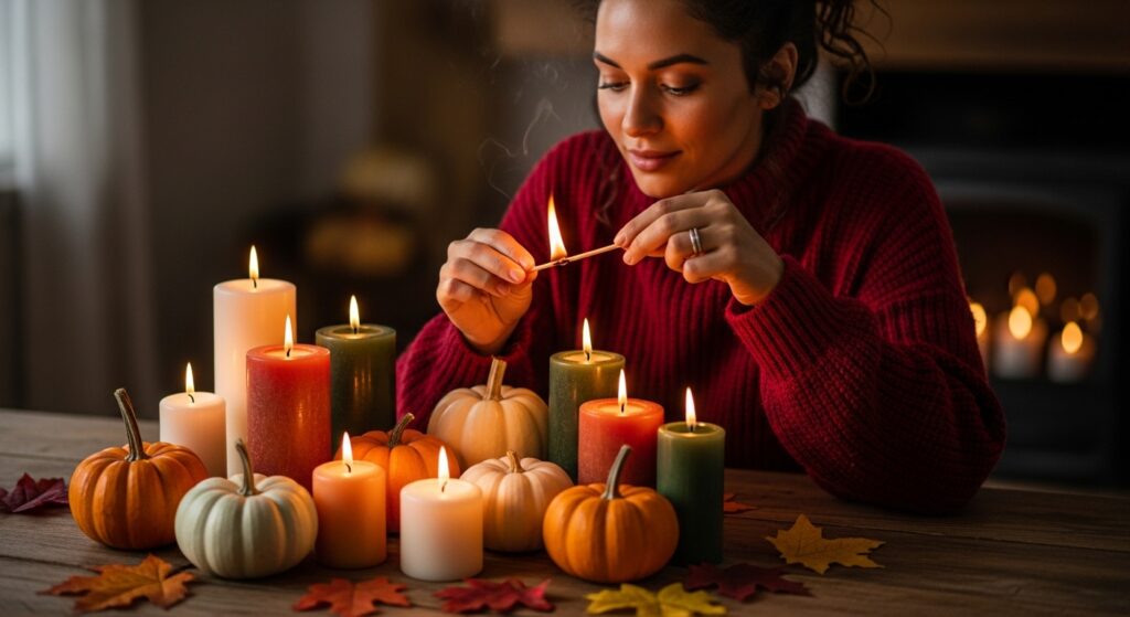 "Woman setting candle lights and pumpkins for halloween baby shower décor")