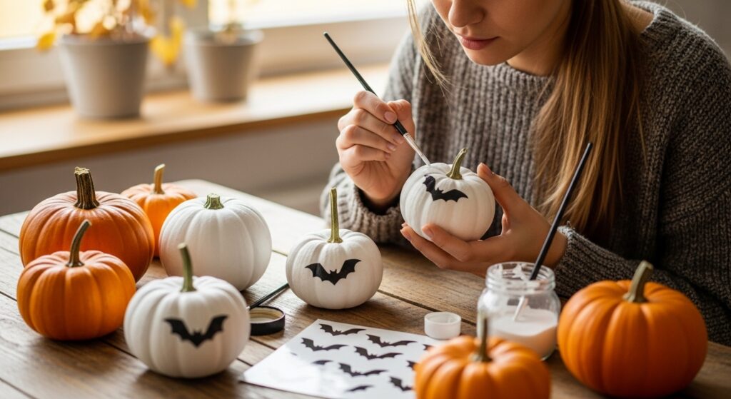 DIY painted pumpkins for halloween baby shower décor")