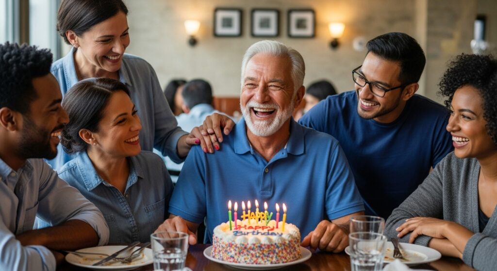 Man celebrating 60th birthday with cake and laughter."
