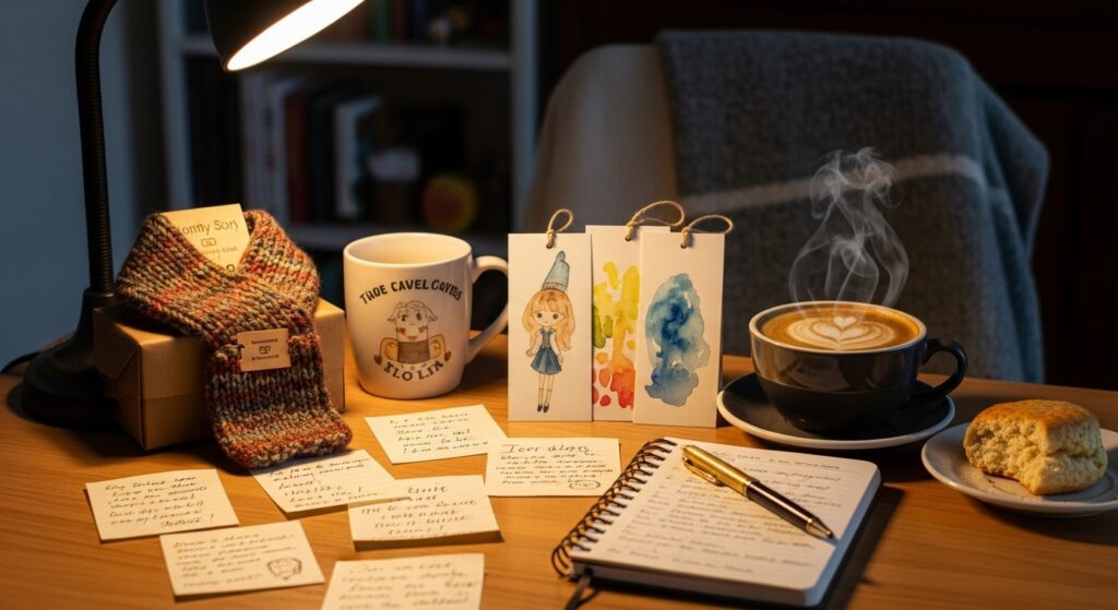 Handmade gifts for husband on a cozy desk with coffee