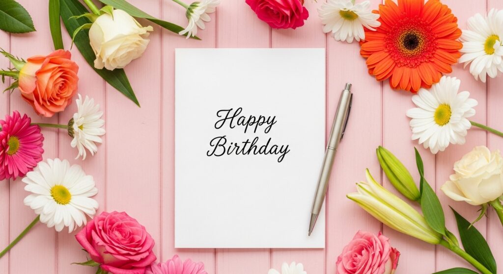 Handwritten birthday card with floral decoration.